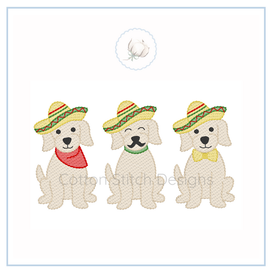 Machine Embroidery design Cotton Stitch Designs Three embroidered dogs wearing colorful hats on a white background