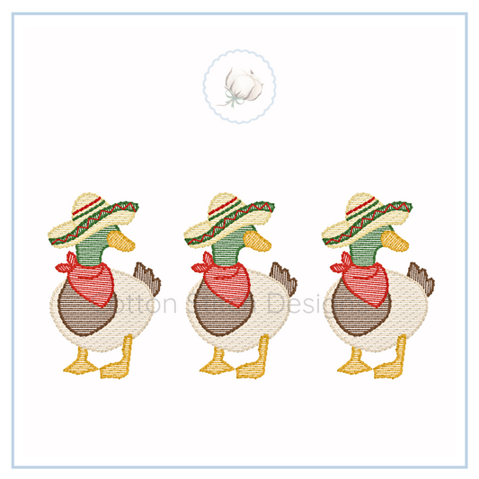 Machine Embroidery design Cotton Stitch Designs Three ducks wearing hats and bandanas on a white background