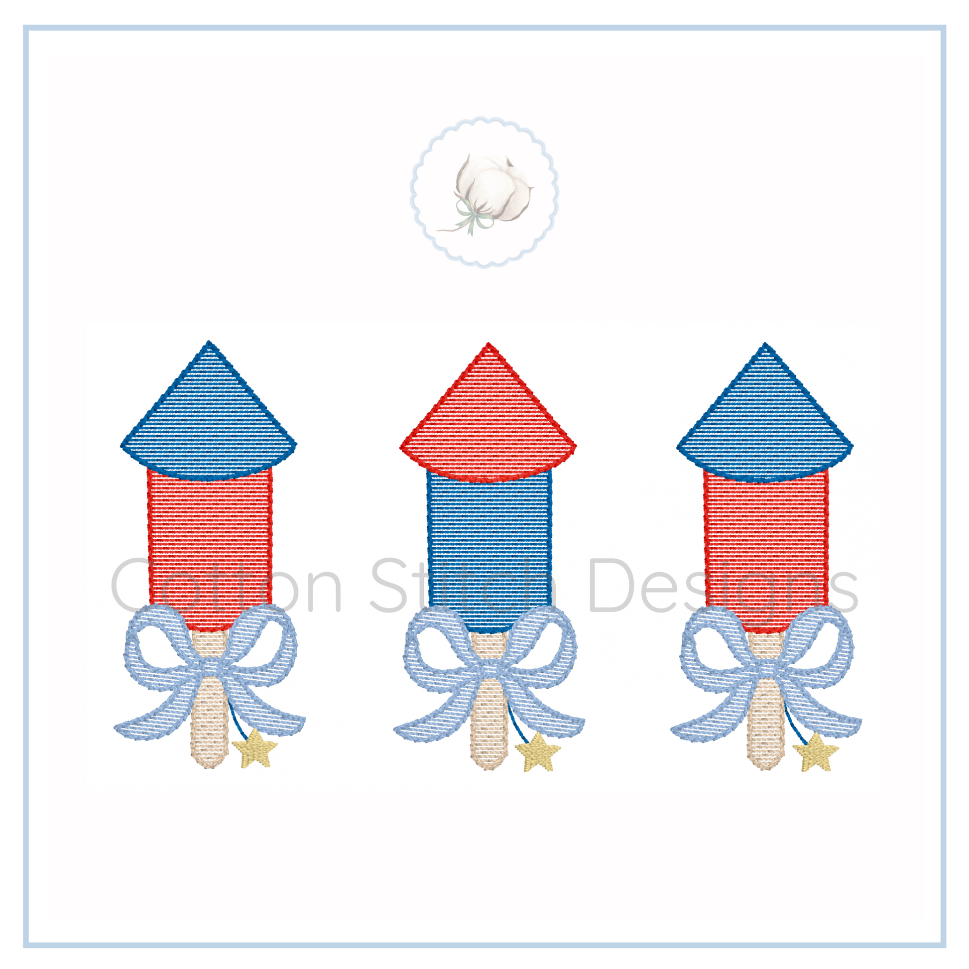 Machine Embroidery design Cotton Stitch Designs Three red and blue firecracker designs with bows on a white background