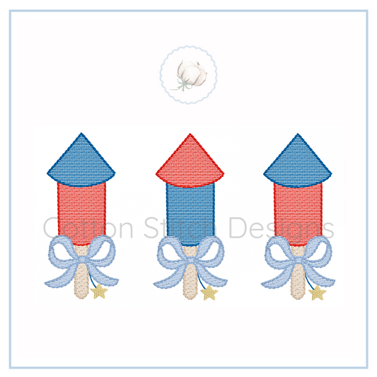 Machine Embroidery design Cotton Stitch Designs Three red and blue firecracker designs with bows on a white background