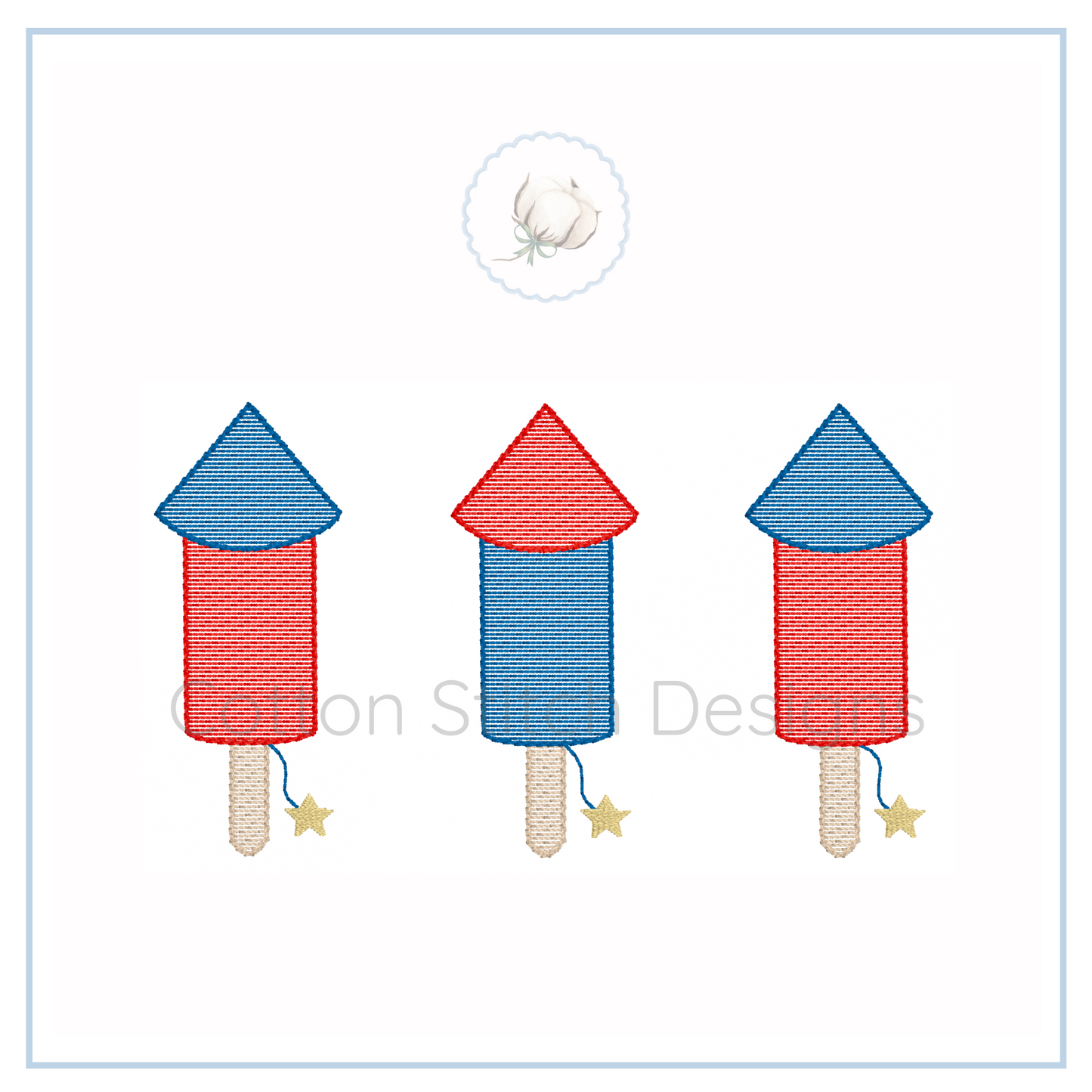 Machine Embroidery design Cotton Stitch Designs Three colorful rocket-shaped objects on a white background with 'Cotton Stitch Designs' branding.