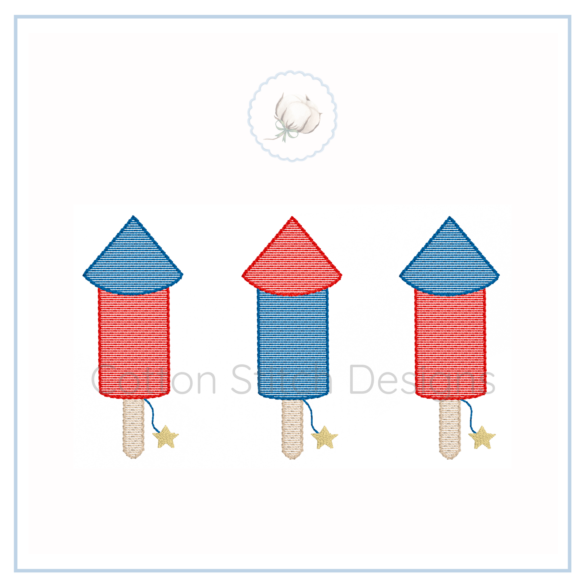Machine Embroidery design Cotton Stitch Designs Three colorful rocket-shaped objects on a white background with 'Cotton Stitch Designs' branding.