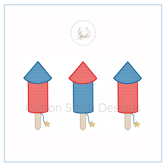 Machine Embroidery design Cotton Stitch Designs Three colorful rocket-shaped objects on a white background with 'Cotton Stitch Designs' branding.