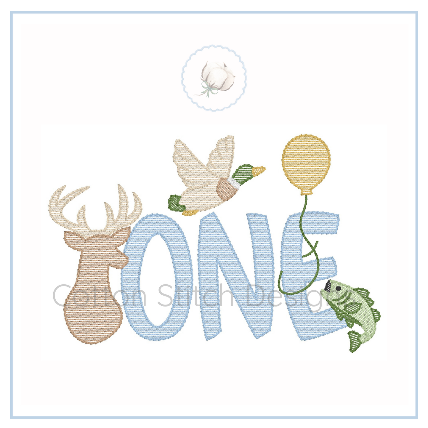 Machine Embroidery design Cotton Stitch Designs Embroidery design with 'ONE' text, deer, duck, balloon, and fish on a white background.