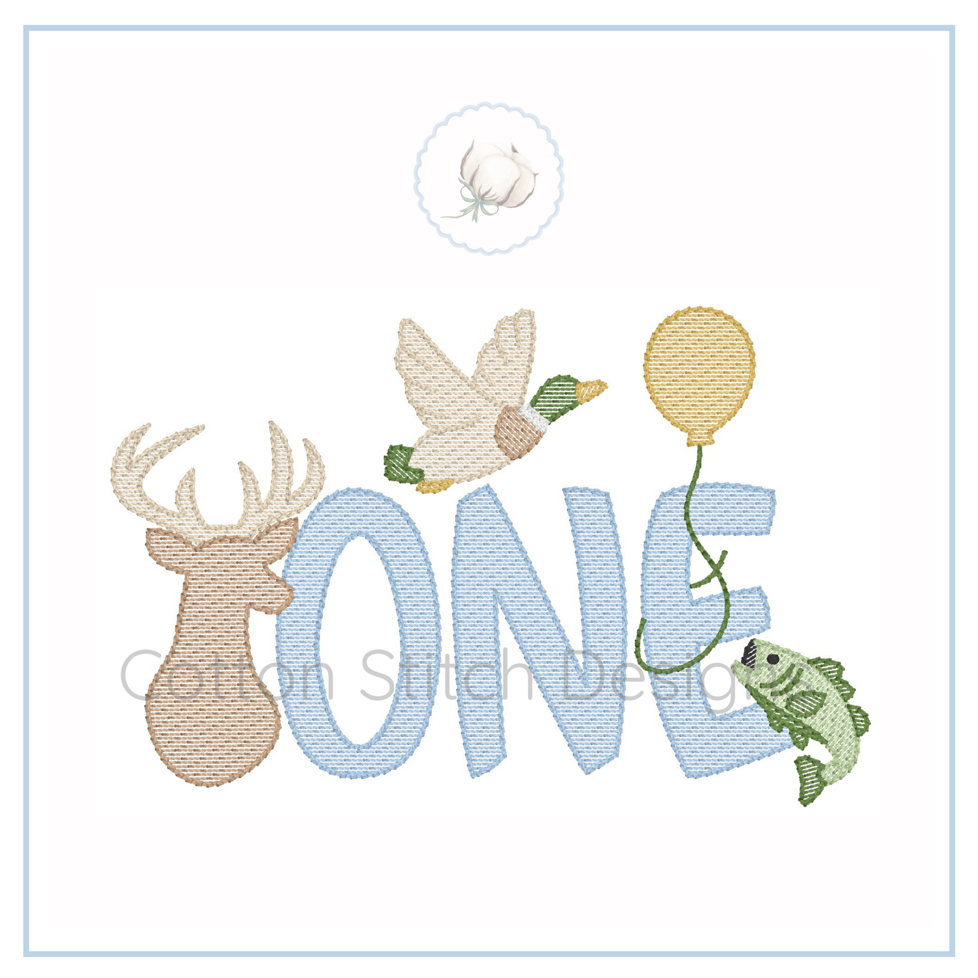 Machine Embroidery design Cotton Stitch Designs Embroidery design with 'ONE' text, deer, duck, balloon, and fish on a white background.