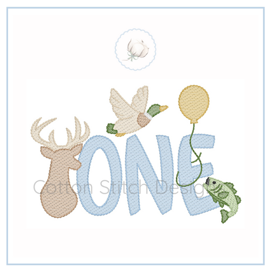Machine Embroidery design Cotton Stitch Designs Embroidery design with 'ONE' text, deer, duck, balloon, and fish on a white background.