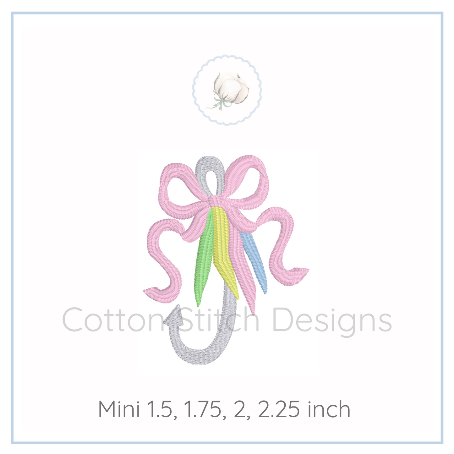 Machine Embroidery design Cotton Stitch Designs Embroidery design of a fish hook with a pink bow with colorful ribbons on a white background, branded 'Cotton Stitch Designs'.