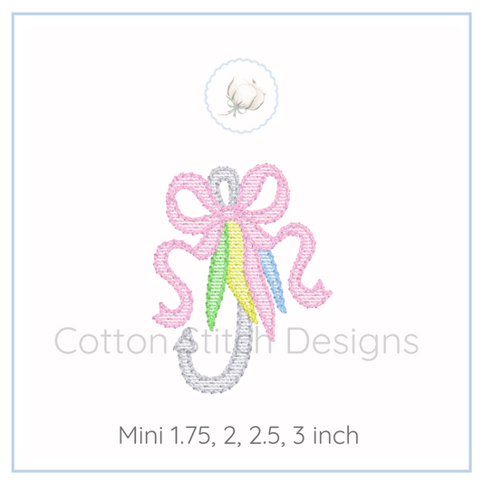 Machine Embroidery design Cotton Stitch Designs Embroidery design of a hook with bow with colorful ribbons on a white background, branded 'Cotton Stitch Designs'.