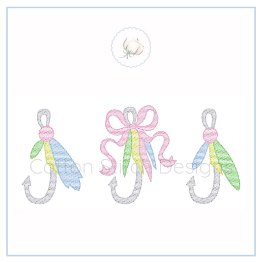 Machine Embroidery design Cotton Stitch Designs Embroidery design of colorful hooks with bows on a white background