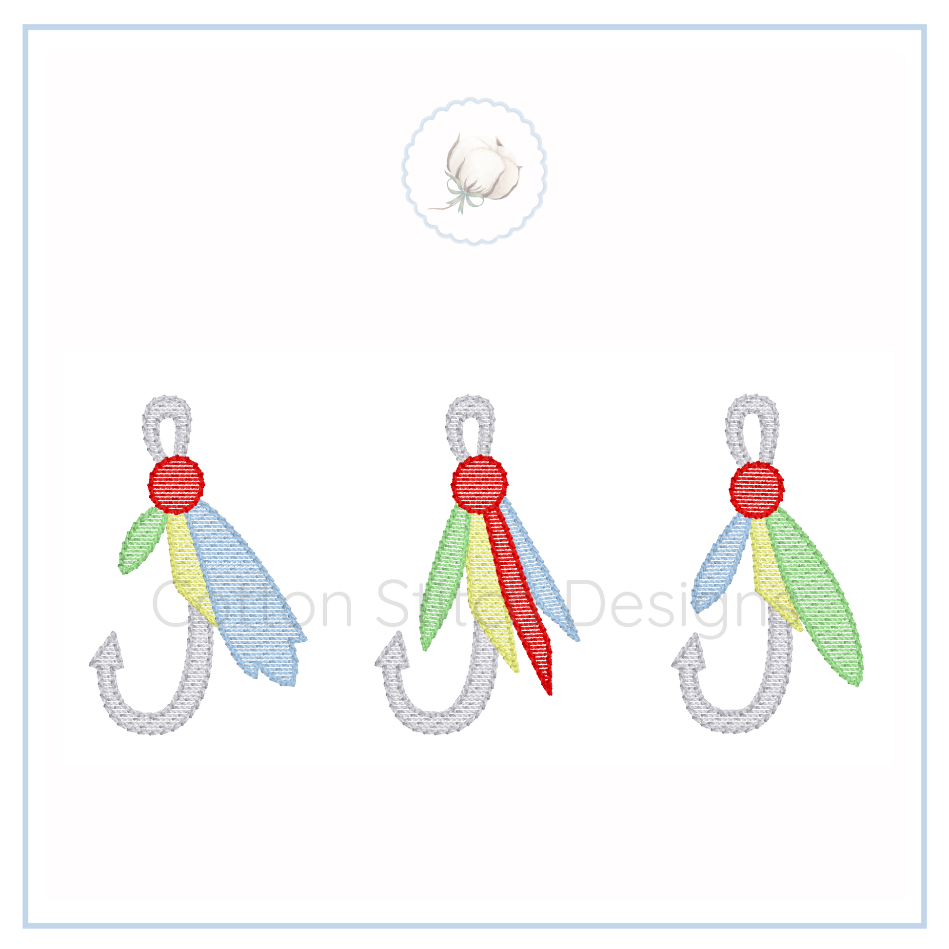 Machine Embroidery design Cotton Stitch Designs Three colorful fishing hooks with a red center on a white background