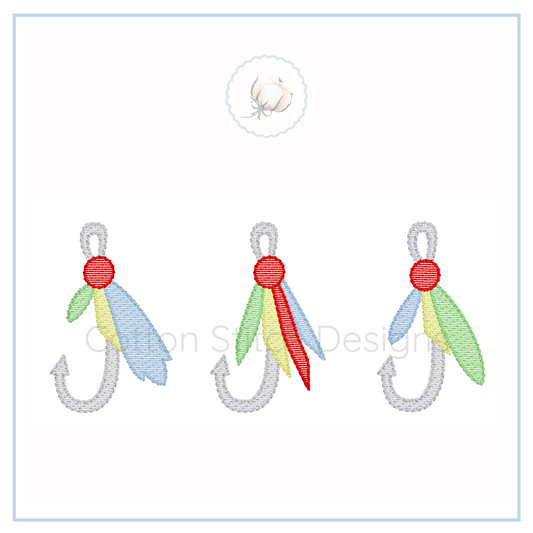 Machine Embroidery design Cotton Stitch Designs Three colorful fishing hooks with a red center on a white background