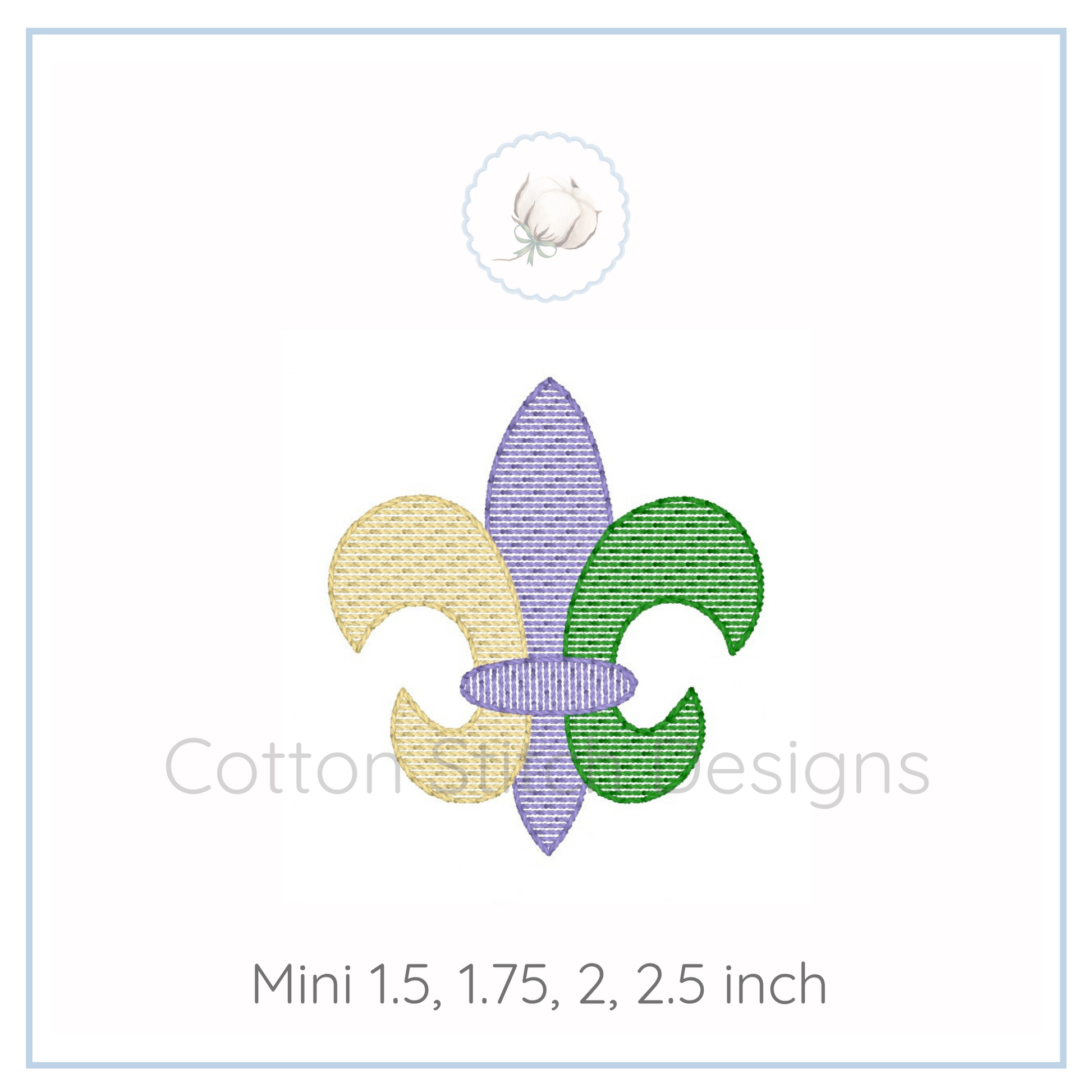 Machine Embroidery design Cotton Stitch Designs Embroidery design of a colorful fleur-de-lis on a white background with 'Cotton and Cream Designs' branding.