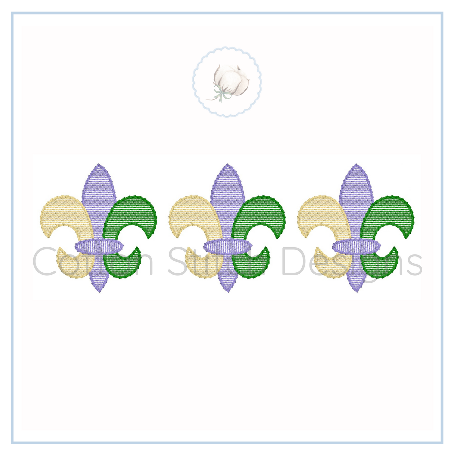 Machine Embroidery design Cotton Stitch Designs Three embroidered fleur-de-lis designs in purple, green, and yellow on a white background.