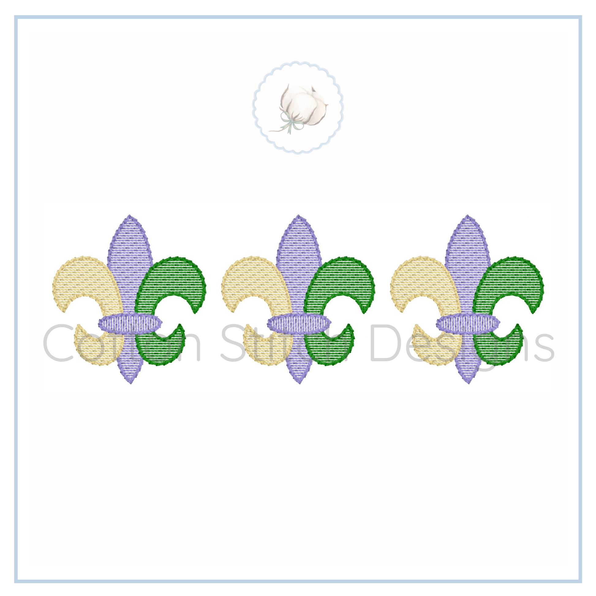 Machine Embroidery design Cotton Stitch Designs Three embroidered fleur-de-lis designs in purple, green, and yellow on a white background.