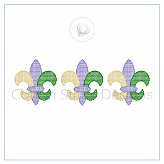 Machine Embroidery design Cotton Stitch Designs Three embroidered fleur-de-lis designs in purple, green, and yellow on a white background.