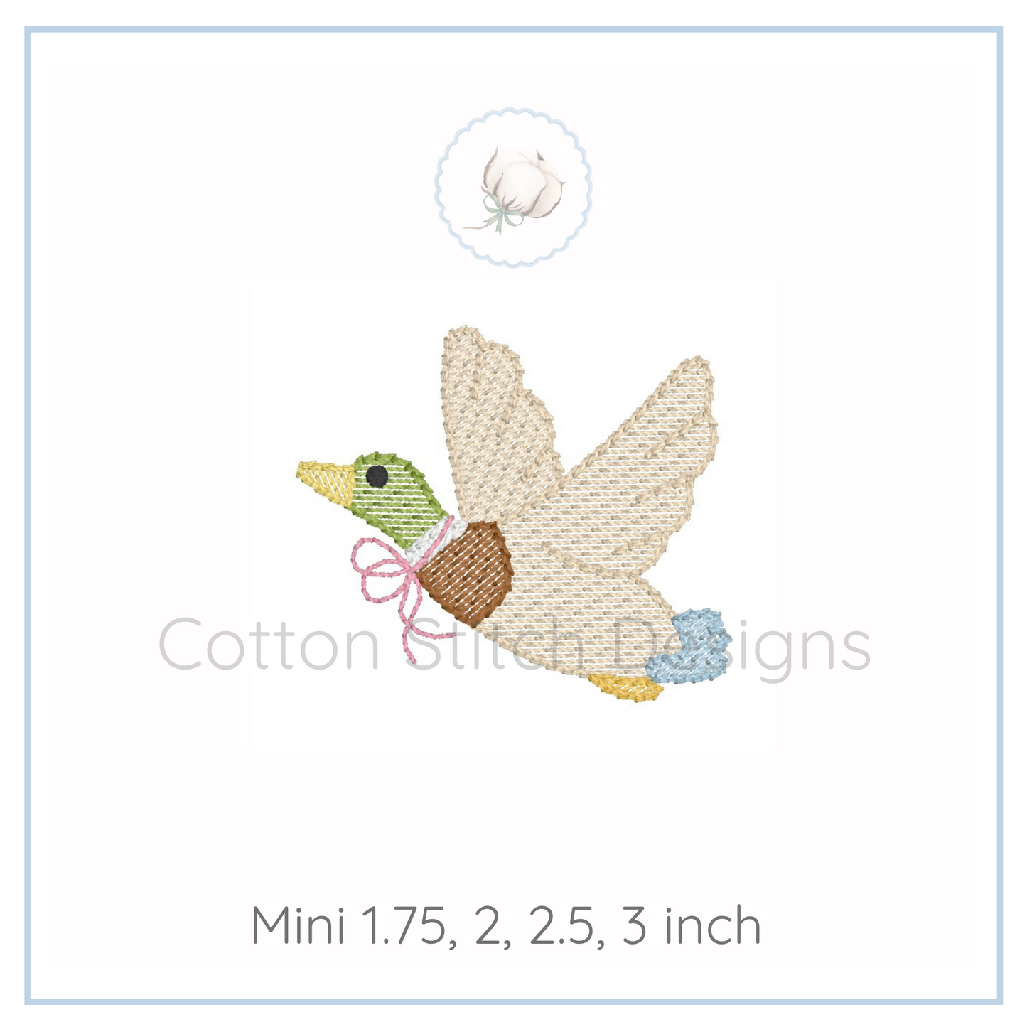 Machine Embroidery design Cotton Stitch Designs Embroidery design of a duck with a flower on a white background, featuring the brand 'Cotton Stitch Designs'.