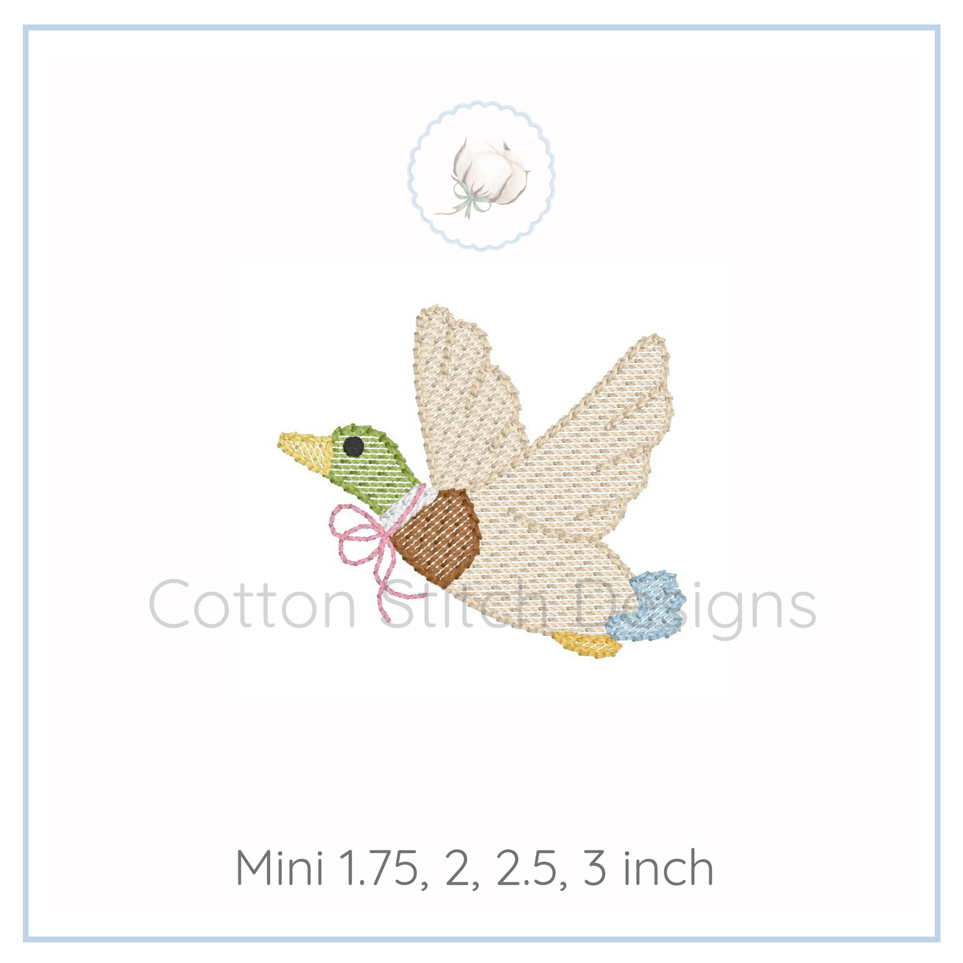 Machine Embroidery design Cotton Stitch Designs Embroidery design of a duck with a flower on a white background, featuring the brand 'Cotton Stitch Designs'.