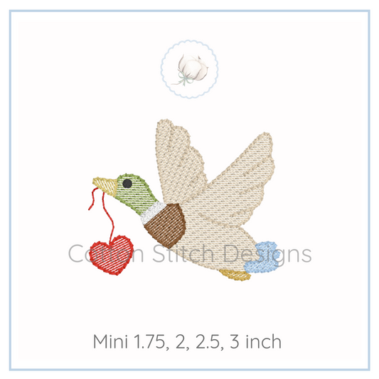 Machine Embroidery design Cotton Stitch Designs Embroidered design of a duck holding a heart with 'Cotton Stitch Designs' branding.