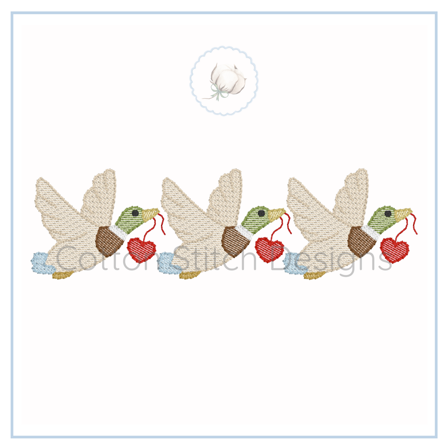 Machine Embroidery design Cotton Stitch Designs Embroidered design of three doves holding hearts on a white background with 'Cotton Stitch Designs' branding.