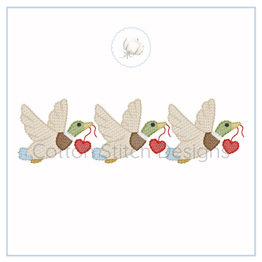 Machine Embroidery design Cotton Stitch Designs Embroidered design of three doves holding hearts on a white background with 'Cotton Stitch Designs' branding.