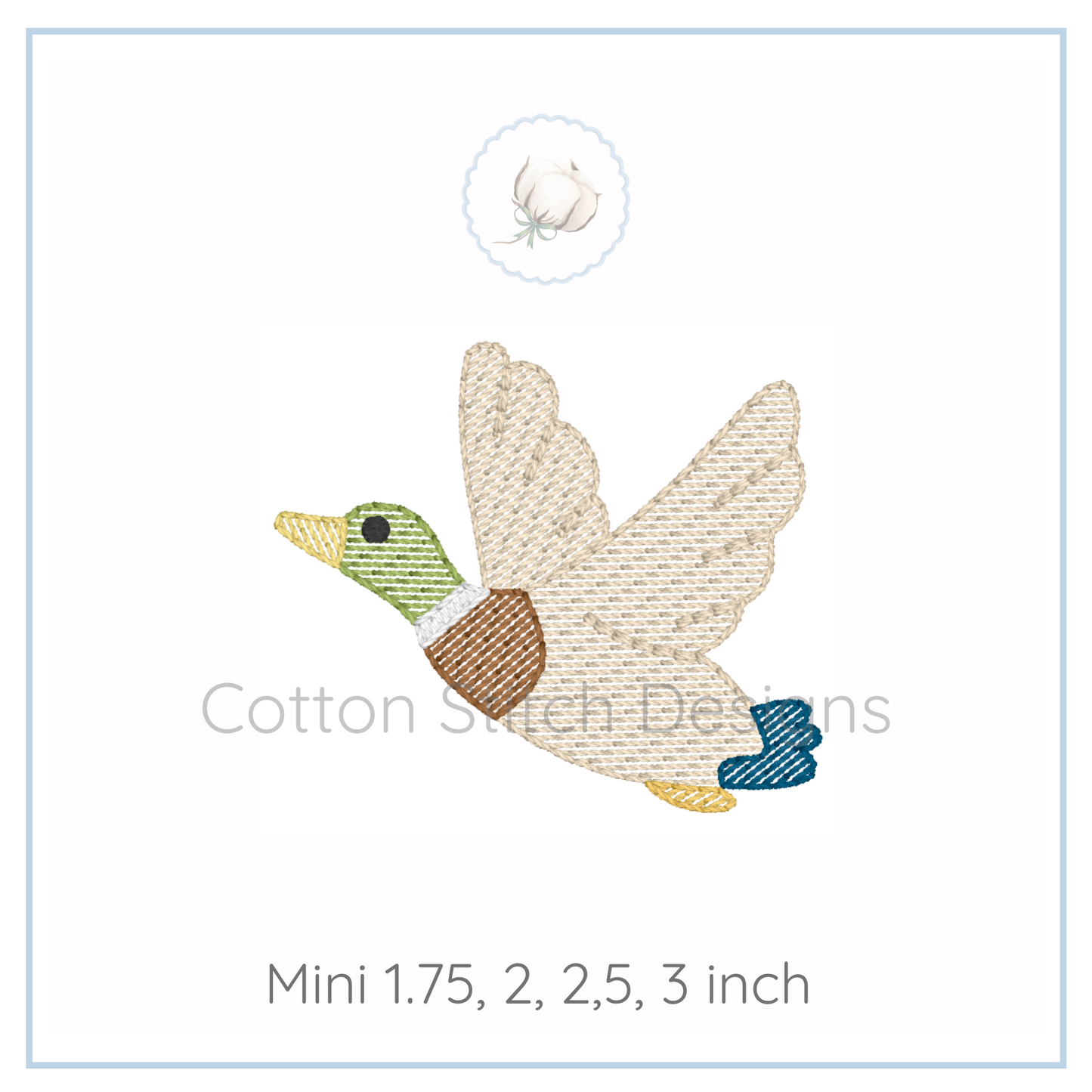 Machine Embroidery design Cotton Stitch Designs Embroidered duck design on a white background with 'Cotton Stitch Designs' branding.