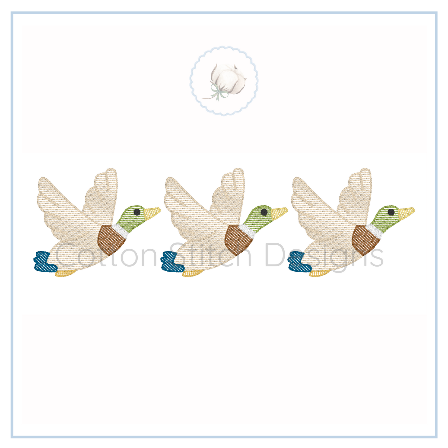 Machine Embroidery design Cotton Stitch Designs Three embroidered ducks on a card with 'Cotton Stitch Designs' branding.