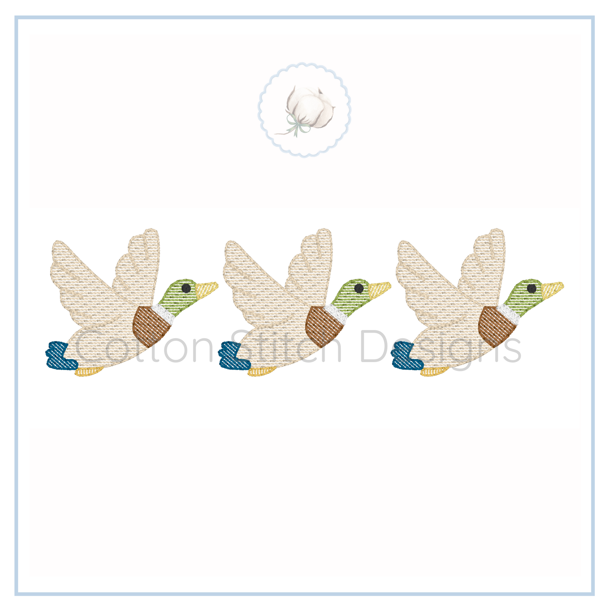 Machine Embroidery design Cotton Stitch Designs Three embroidered ducks on a card with 'Cotton Stitch Designs' branding.