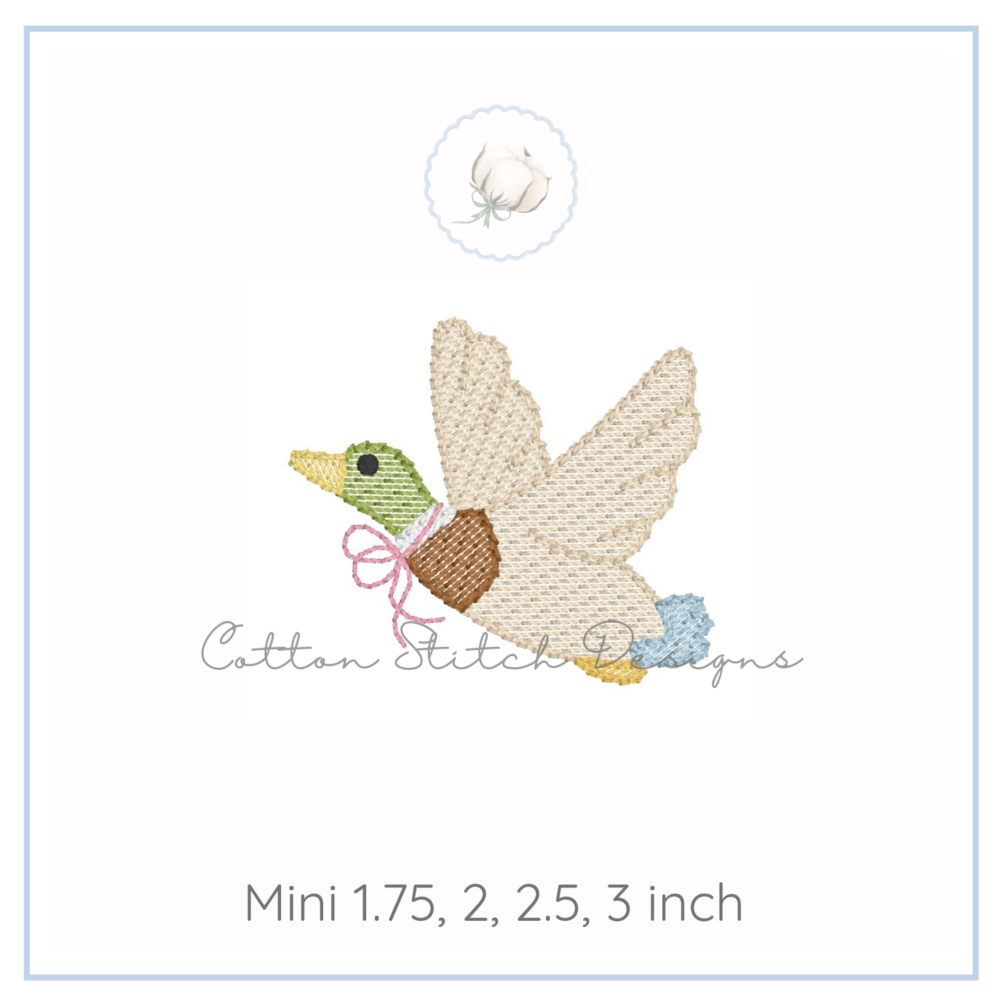 Mini Flying Mallard Duck with Bow Embroidery Design
