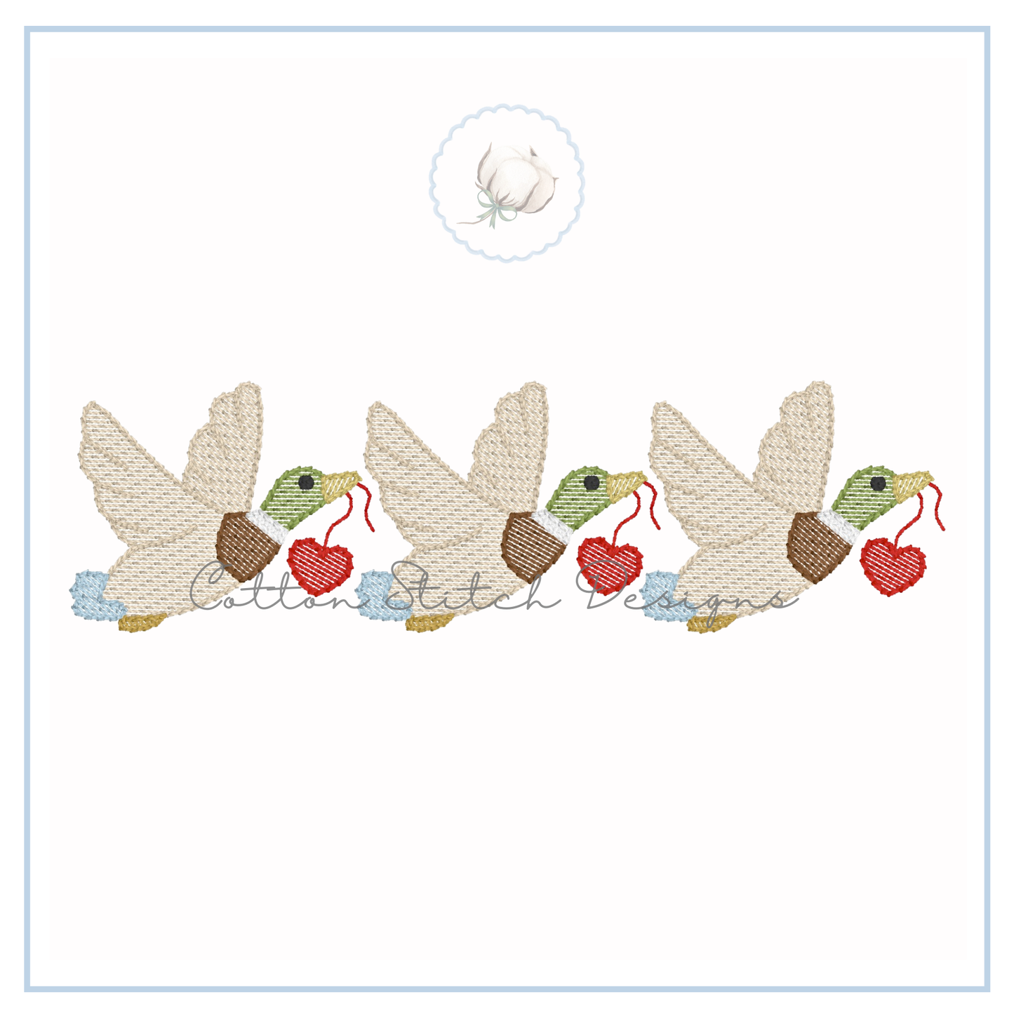 Flying Mallard Duck Heart Trio Embroidery Design