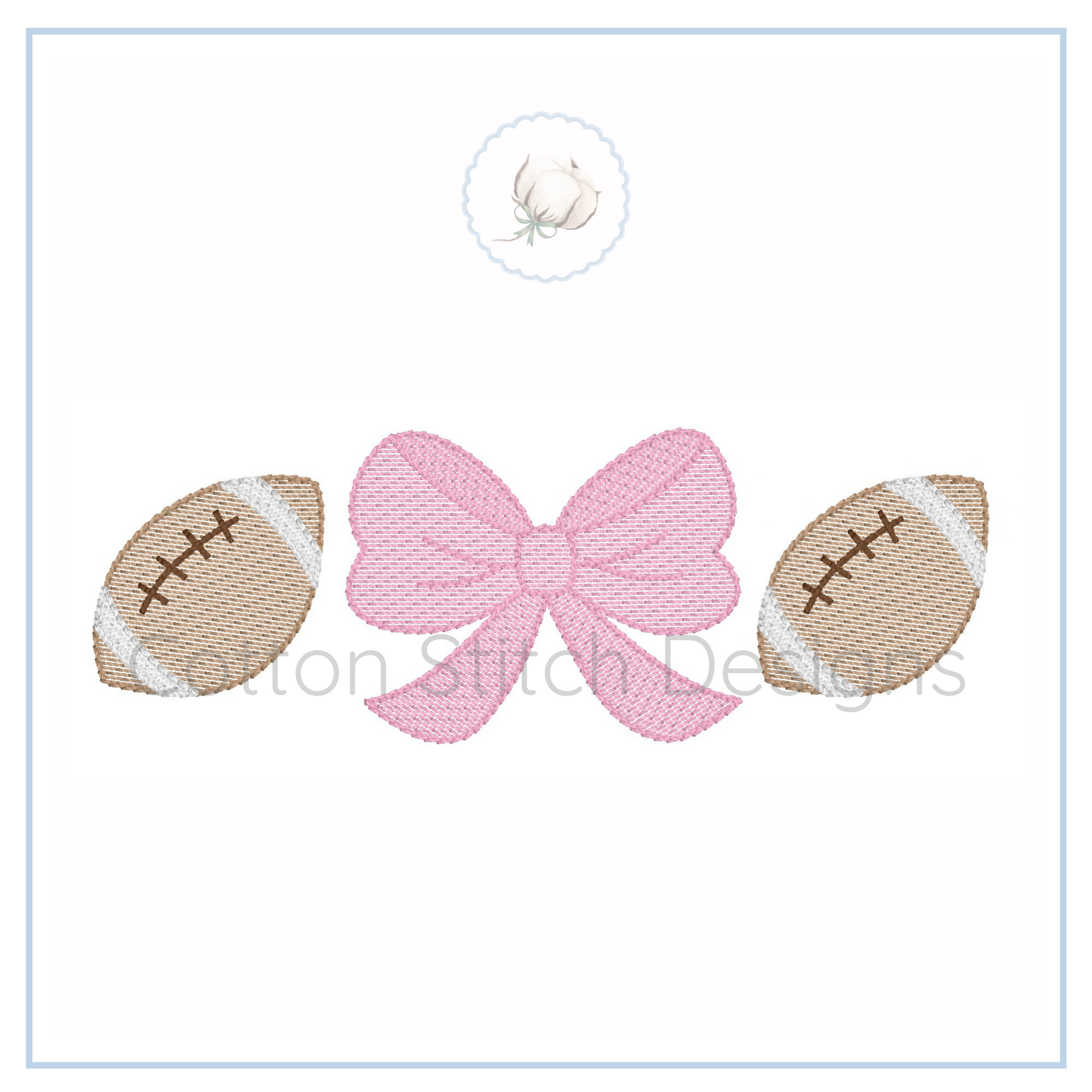 Machine Embroidery design Cotton Stitch Designs Two embroidered footballs and a pink bow on a white background with 'Cotton Stitch Designs' branding.