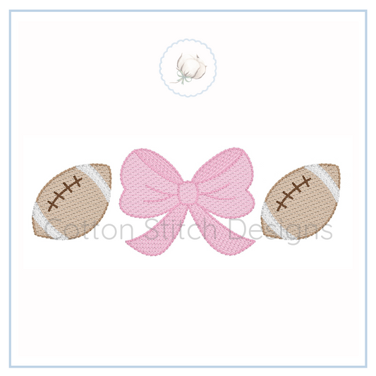 Machine Embroidery design Cotton Stitch Designs Two embroidered footballs and a pink bow on a white background with 'Cotton Stitch Designs' branding.