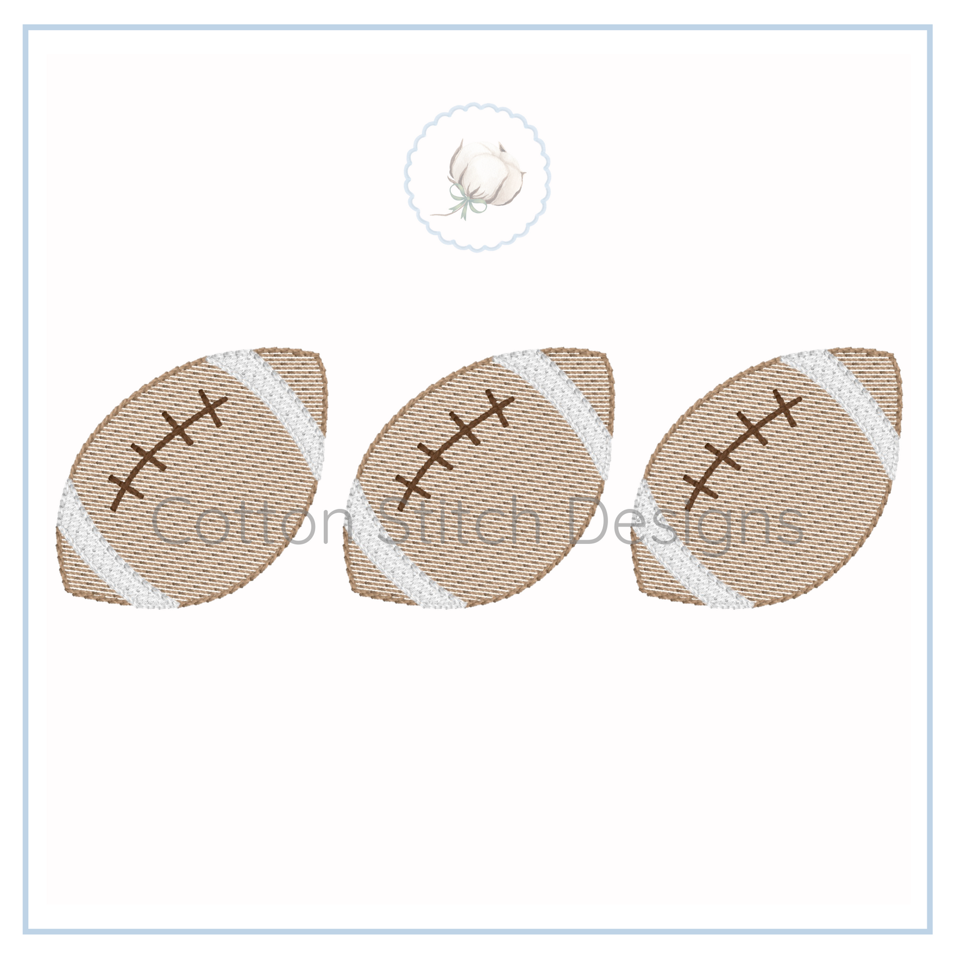 Machine Embroidery design Cotton Stitch Designs Three football-shaped embroidered patches with white stitching on a white background.