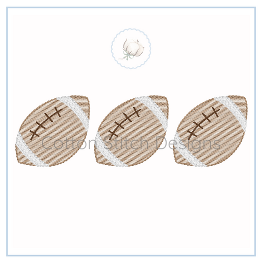 Machine Embroidery design Cotton Stitch Designs Three football-shaped embroidered patches with white stitching on a white background.