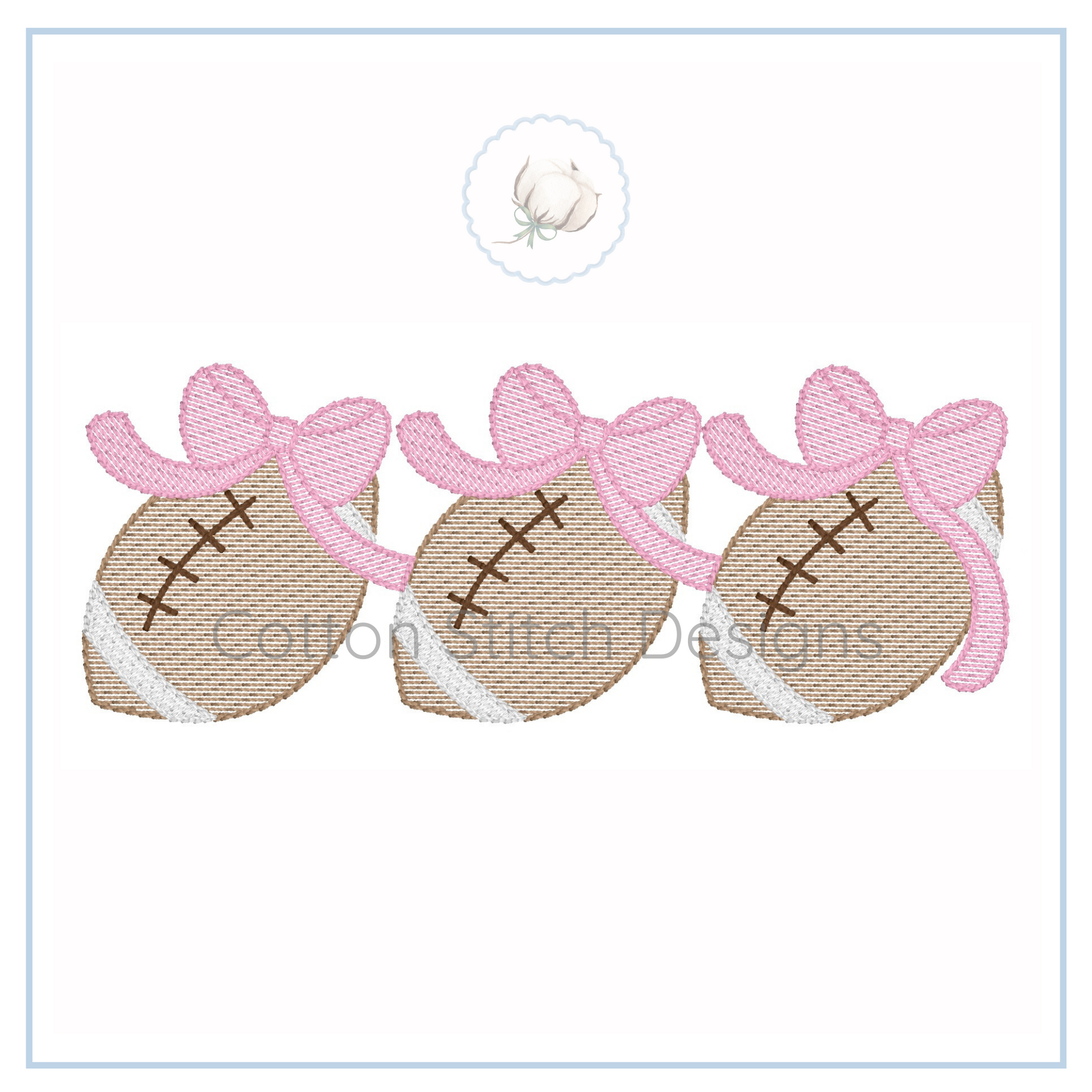 Machine Embroidery design Cotton Stitch Designs Three embroidered footballs with pink bows on a white background