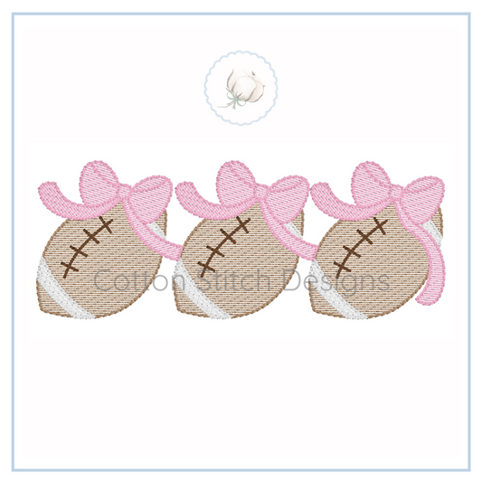 Machine Embroidery design Cotton Stitch Designs Three embroidered footballs with pink bows on a white background