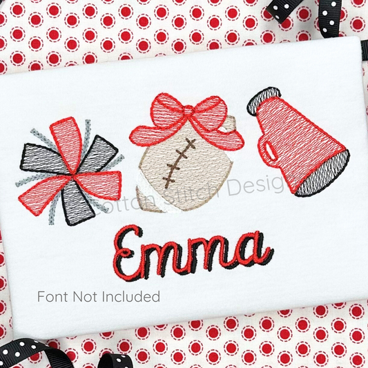 Machine Embroidery design Cotton Stitch Designs Embroidered design with bows and the name 'Emma' on a white pillow with red and black polka dot fabric underneath.