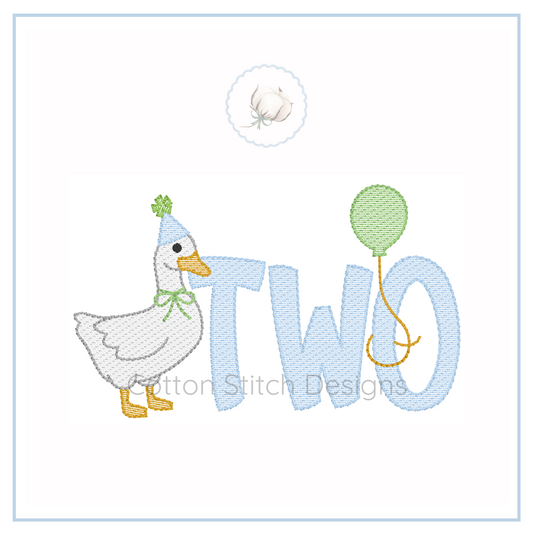 Machine Embroidery design Cotton Stitch Designs Embroidery design of a duck with a balloon and the word 'TWO' on a white background.