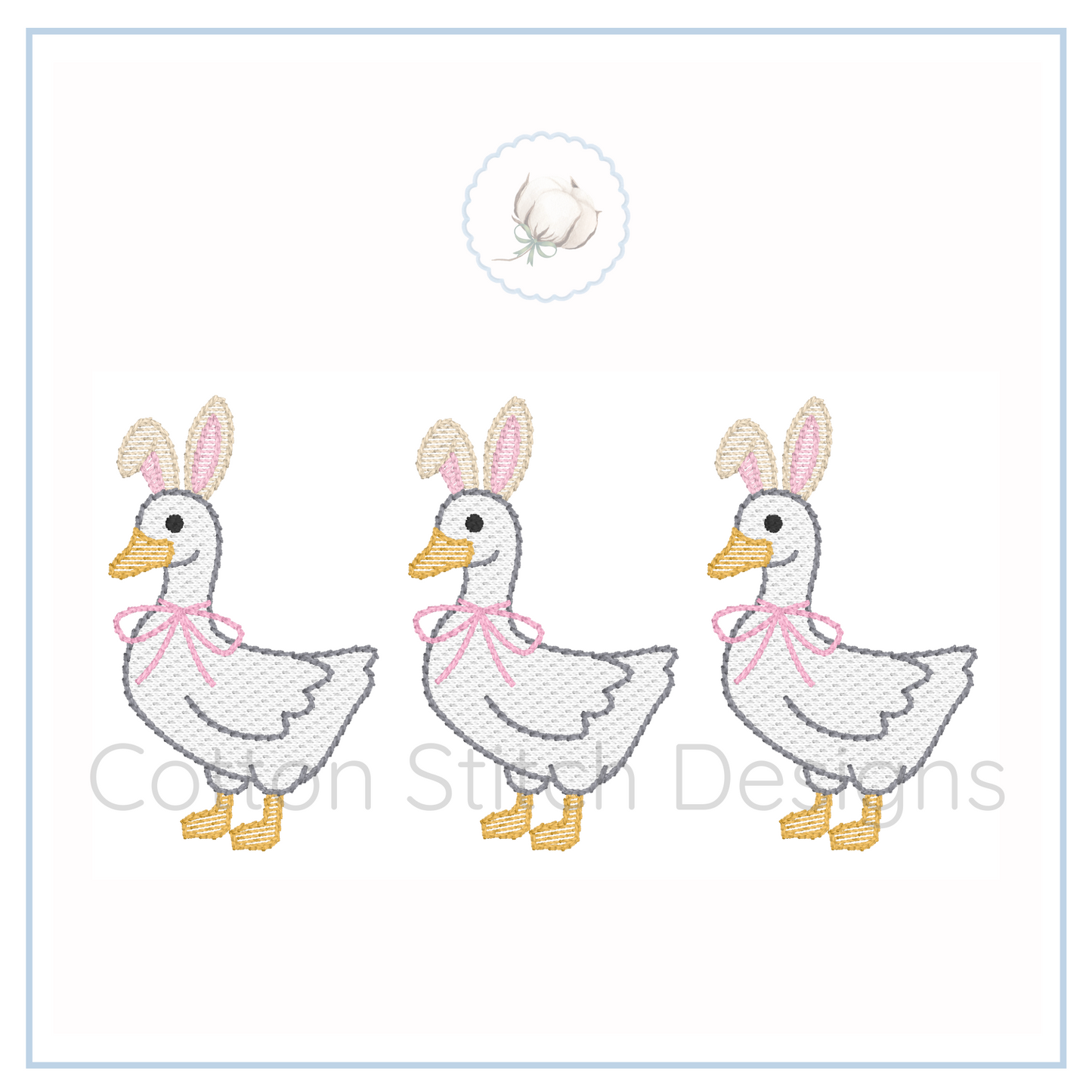Machine Embroidery design Cotton Stitch Designs Three embroidered ducks with bunny ears and pink bows on a white background.