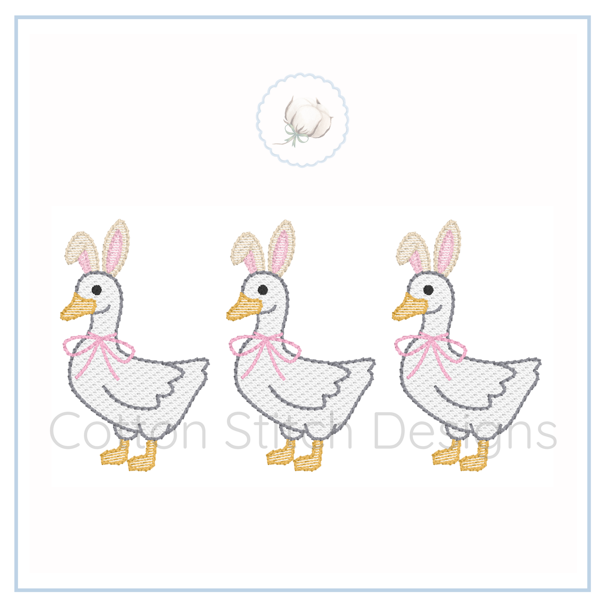 Machine Embroidery design Cotton Stitch Designs Three embroidered ducks with bunny ears and pink bows on a white background.