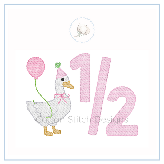 Machine Embroidery design Cotton Stitch Designs Embroidery design of a duckling with a balloon and the number 1/2, branded 'Cotton Stitch Designs'.
