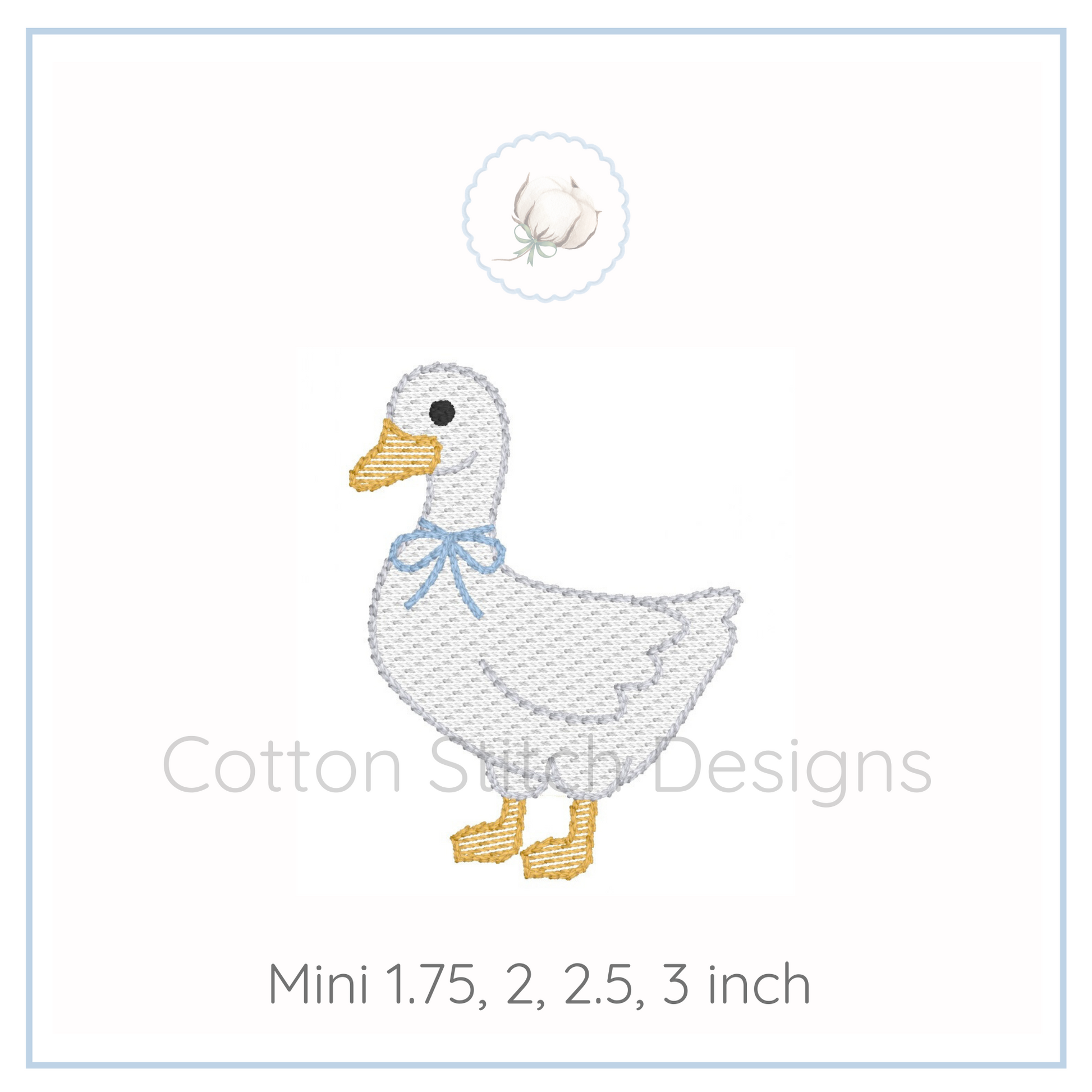 Machine Embroidery design Cotton Stitch Designs Embroidered duck design with a blue bow on a white background, featuring Cotton Stitch Designs branding.