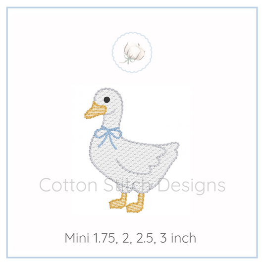 Machine Embroidery design Cotton Stitch Designs Embroidered duck design with a blue bow on a white background, featuring Cotton Stitch Designs branding.