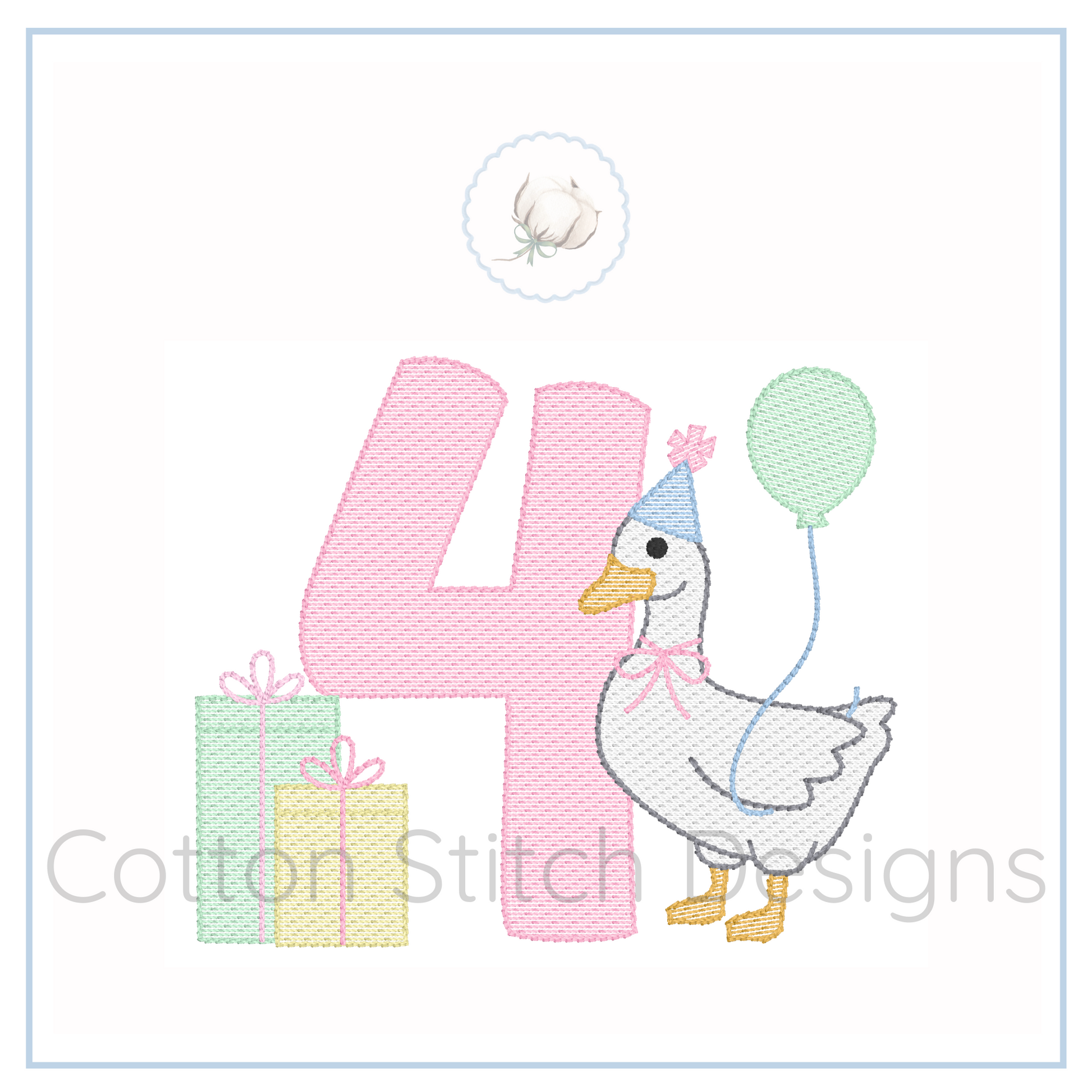 Machine Embroidery design Cotton Stitch Designs Embroidery design of a number '4' with a duck, balloon, and gift box on a white background.