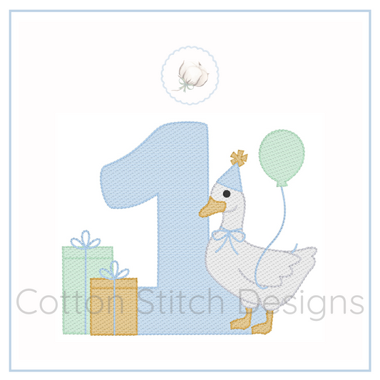 Machine Embroidery design Cotton Stitch Designs Embroidery design of a duck with a balloon, number '1', and presents on a white background.