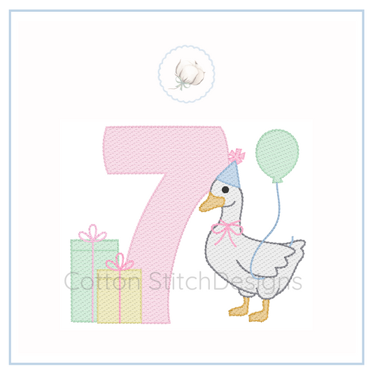 Machine Embroidery design Cotton Stitch Designs Embroidery design of a number '7' with a duck, gift, and balloon on a white background.