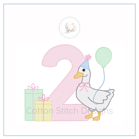 Machine Embroidery design Cotton Stitch Designs Embroidery design of a duck with a balloon and number '2' on a white background.
