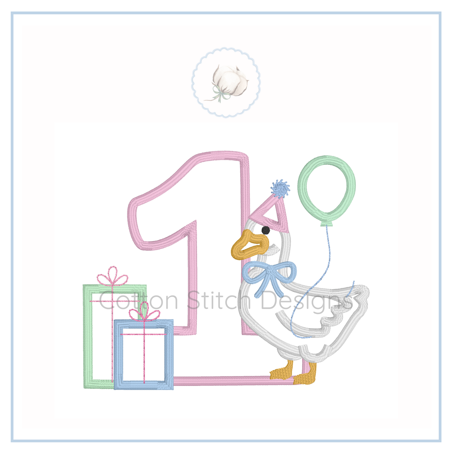 Machine Embroidery design Cotton Stitch Designs Embroidery design of a goose with number '1', balloon, and gift box on a white background.