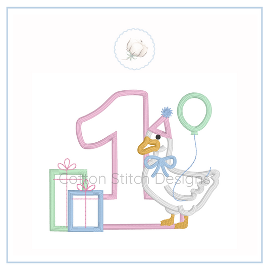 Machine Embroidery design Cotton Stitch Designs Embroidery design of a goose with number '1', balloon, and gift box on a white background.