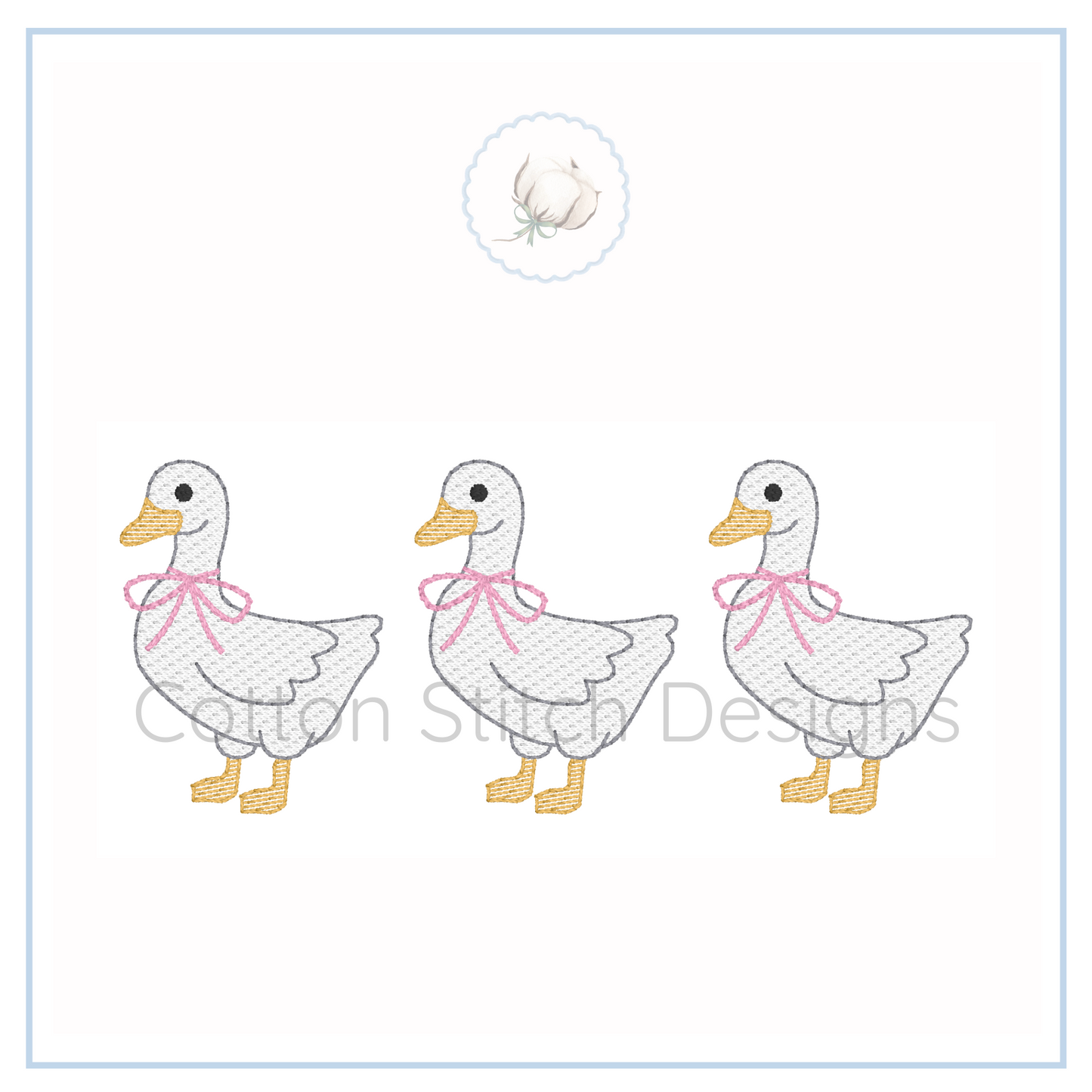 Machine Embroidery design Cotton Stitch Designs Three ducks with pink bows on a white background
