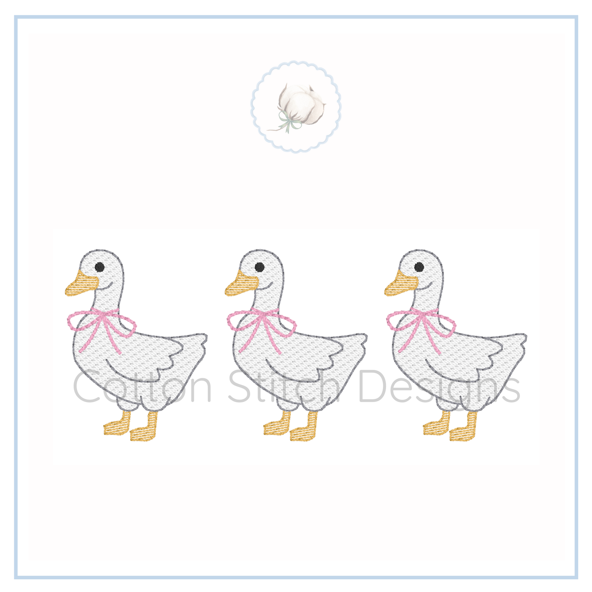 Machine Embroidery design Cotton Stitch Designs Three ducks with pink bows on a white background